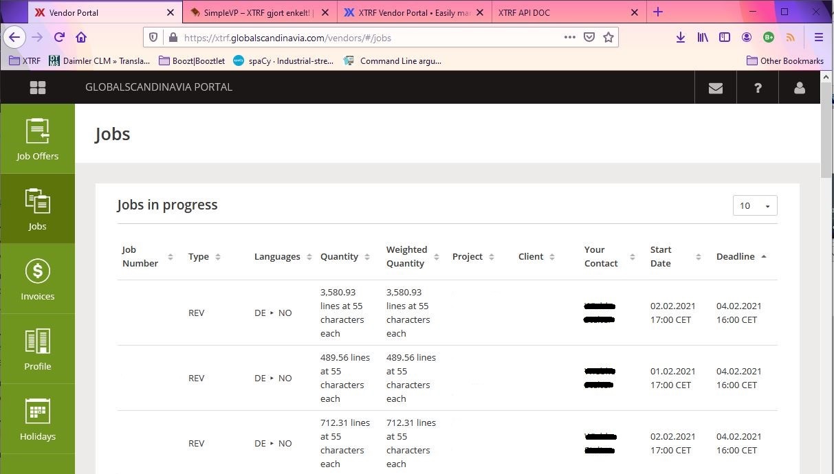 Skjermdump av XTRFs Vendor Portal