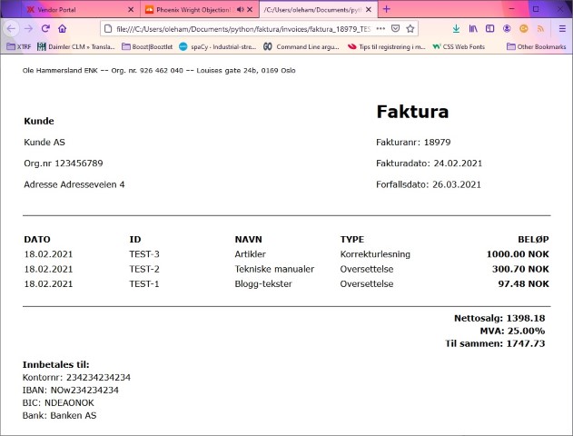Eksempel på hvordan en ferdig faktura kan se ut.