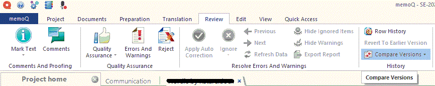 Bilde av «Review»-fanen i memoQ